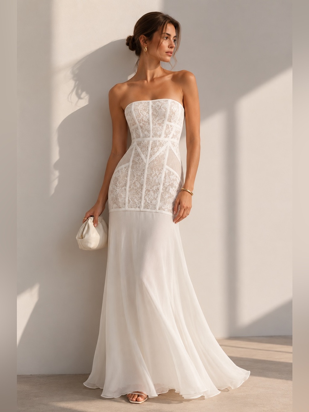 BCBG Maxazria Vivienne White Lace Chiffon Wedding Gown Dress Size 8 NWOT